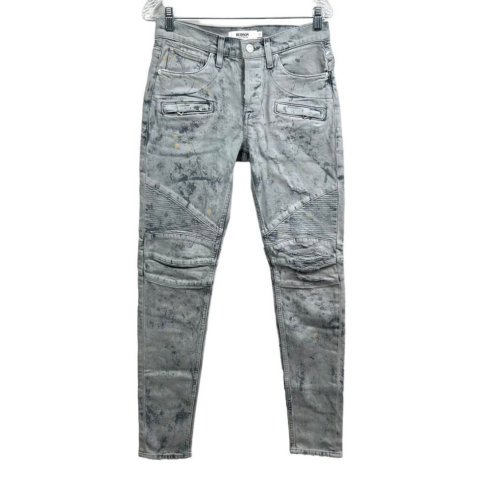 Hudson Mens Jeans Skinny Blinder Distressed Ribbed Button Up Gray Splatter W30*